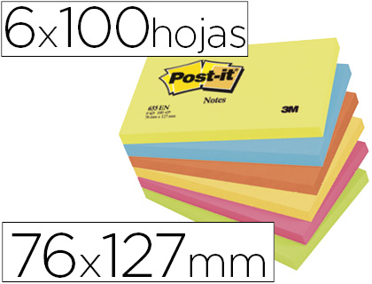 6 blocs de 100 notas adhesivas quita y pon Post-it 76x127mm. neón surtidos